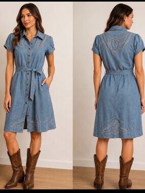 Double D Ranch Light Blue Embroidered Denim Midi Dress